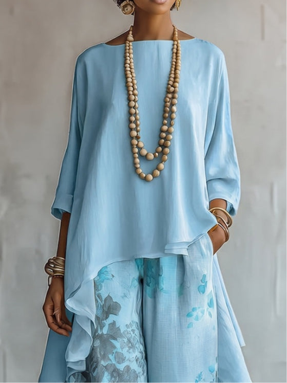 Isabella | Chiffon Asymmetrical Top &amp; Floral Wide-Leg Pants Set