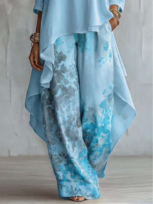 Isabella | Chiffon Asymmetrical Top &amp; Floral Wide-Leg Pants Set