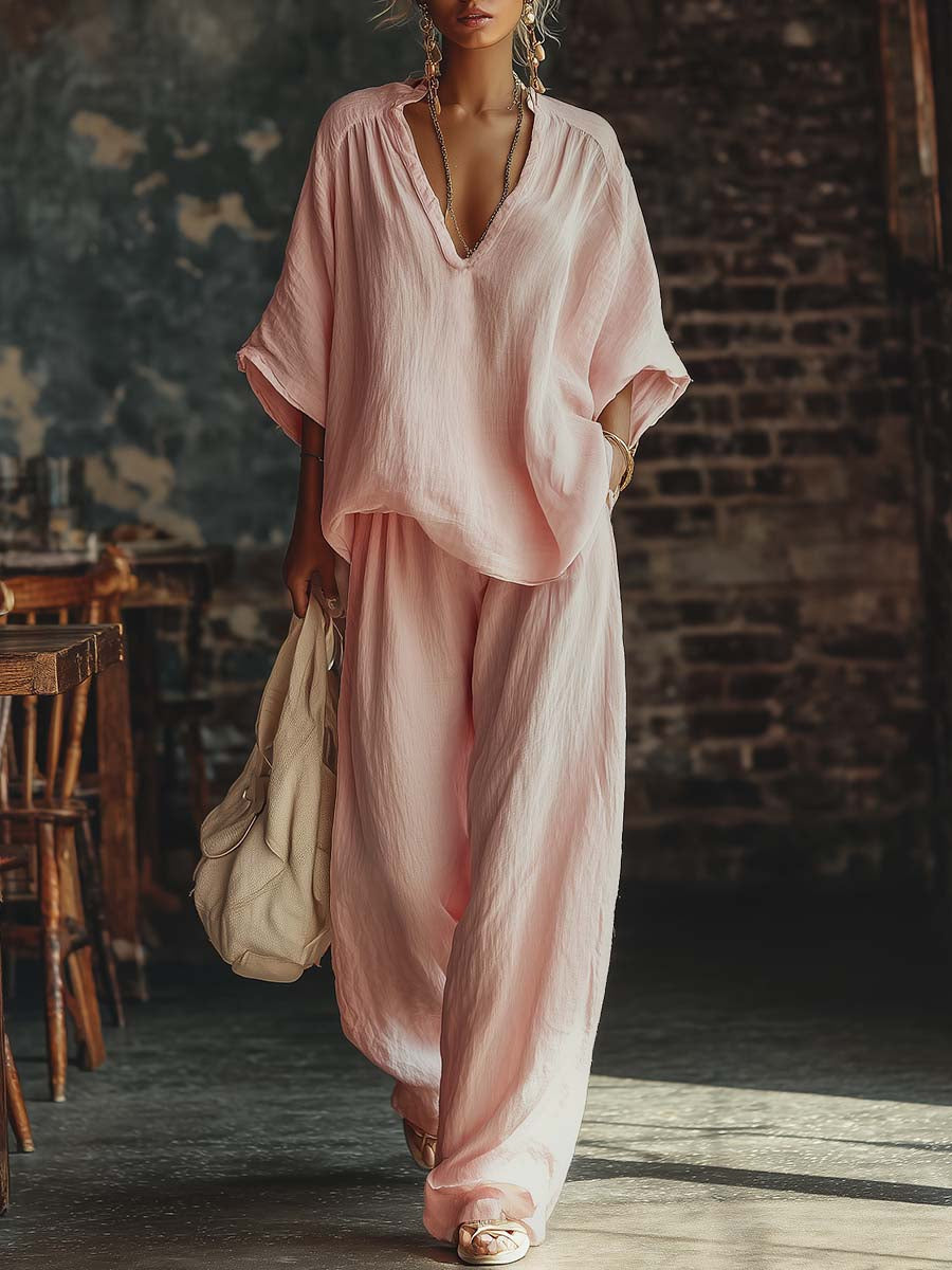 Harper | Blended Fabric V-Neck Shirt &amp; Trousers Set