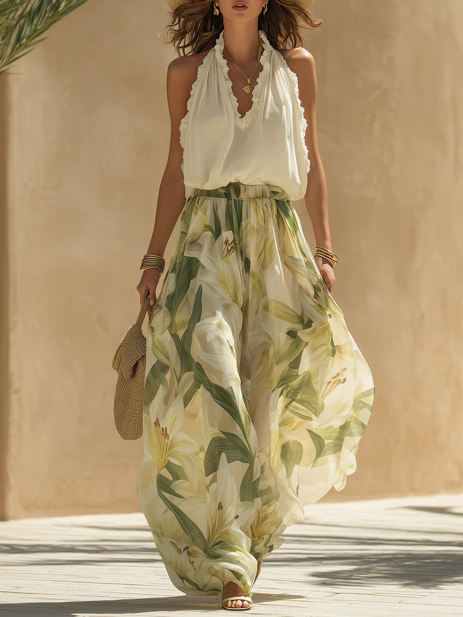 Camille | Chiffon Ruffled Sleeveless Top &amp; Lily-Print Pants Set