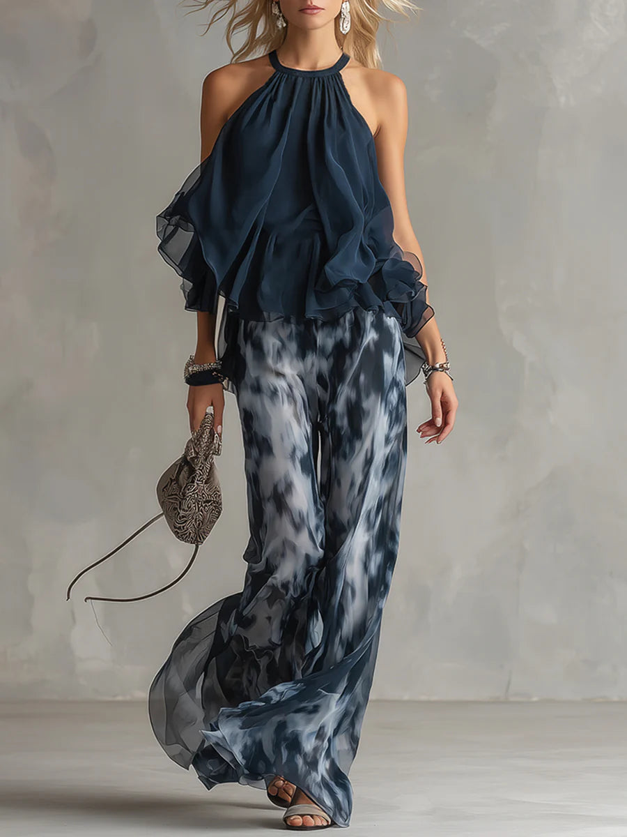 Imani | Chiffon Halter Top &amp; Printed Wide-Leg Pants Set