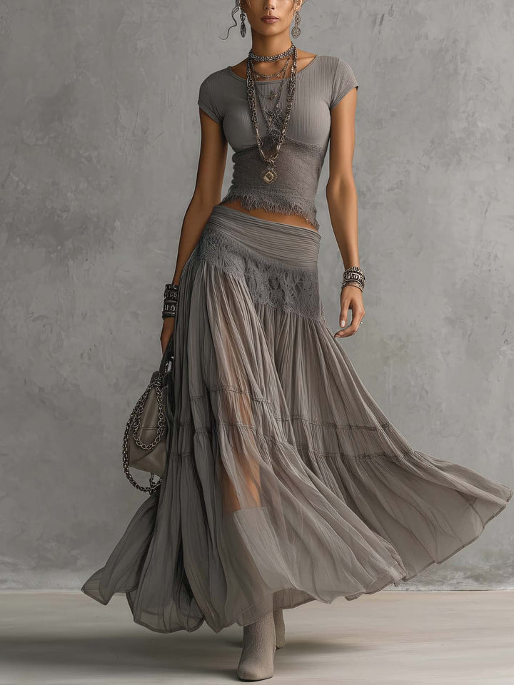Simone | Sheer Lace-Panel Top &amp; Pleated Chiffon Maxi Skirt Set