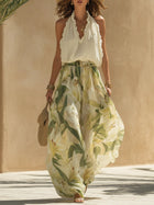 Lila Chiffon Ruffled Top and Lily Print Pants Set