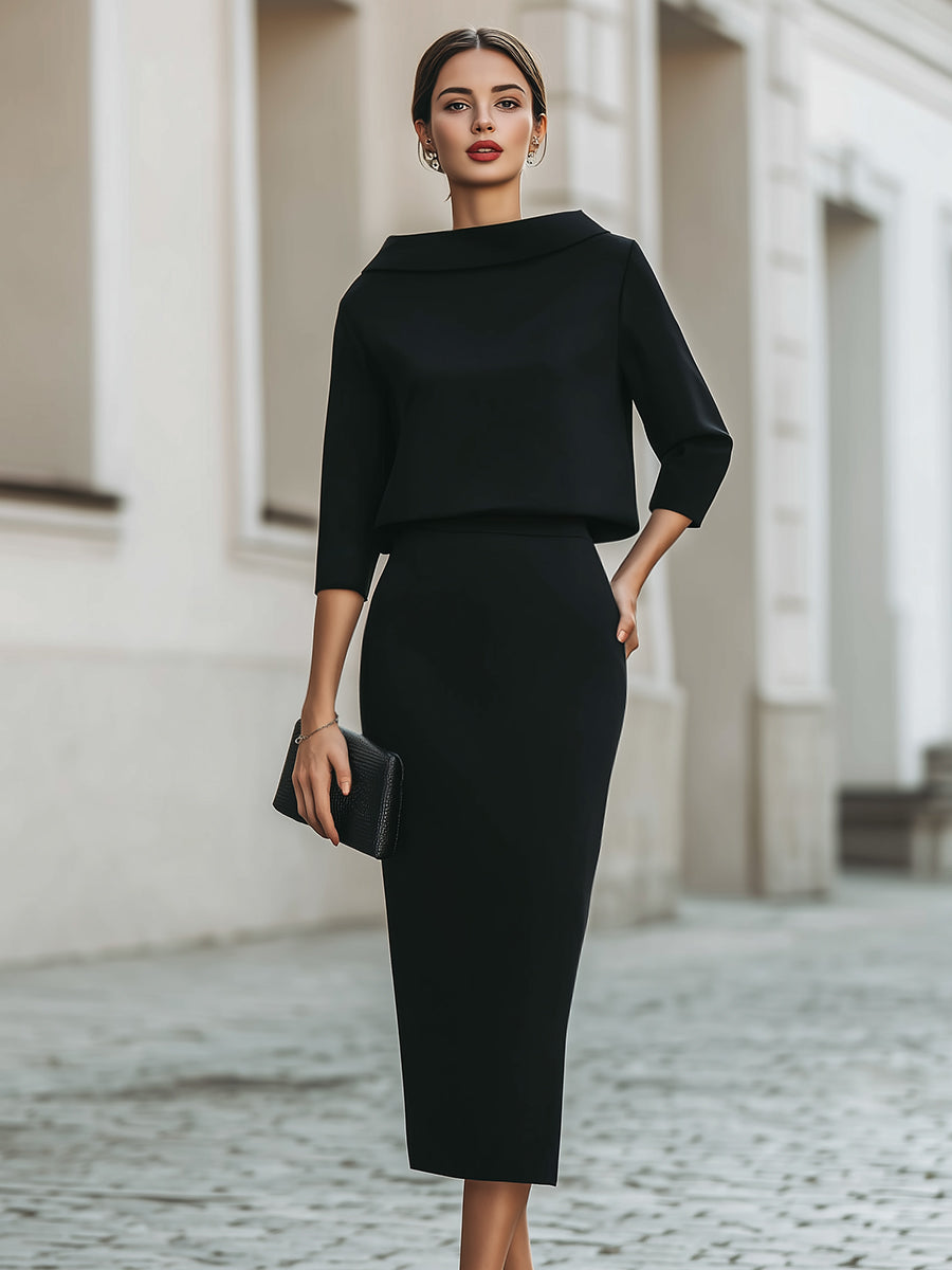 Ladies Two-Piece Set Boat Neck Top and Midi Skirt Tailored Fit - Black / Navy Blue / Beige - Maelen