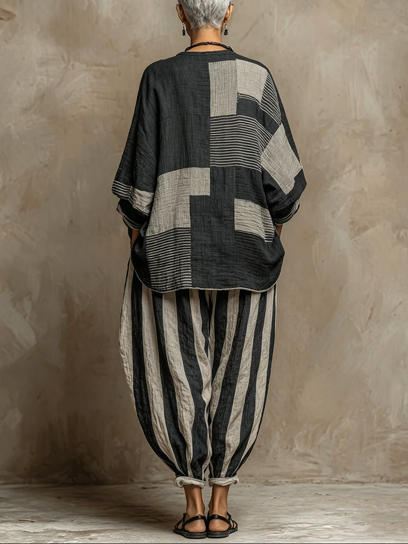 Imani | Long-Sleeve Color-Block Top &amp; Elastic-Waist Pants Set