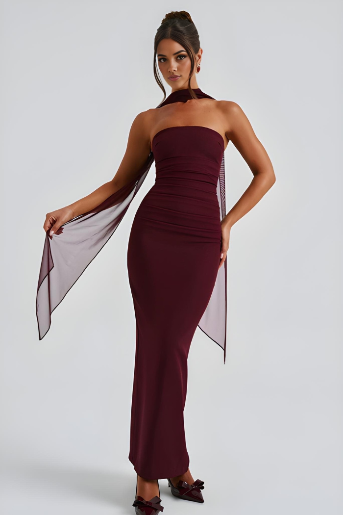 Deborah - Strapless Bandage Maxi Dress with Chiffon Halter Drape