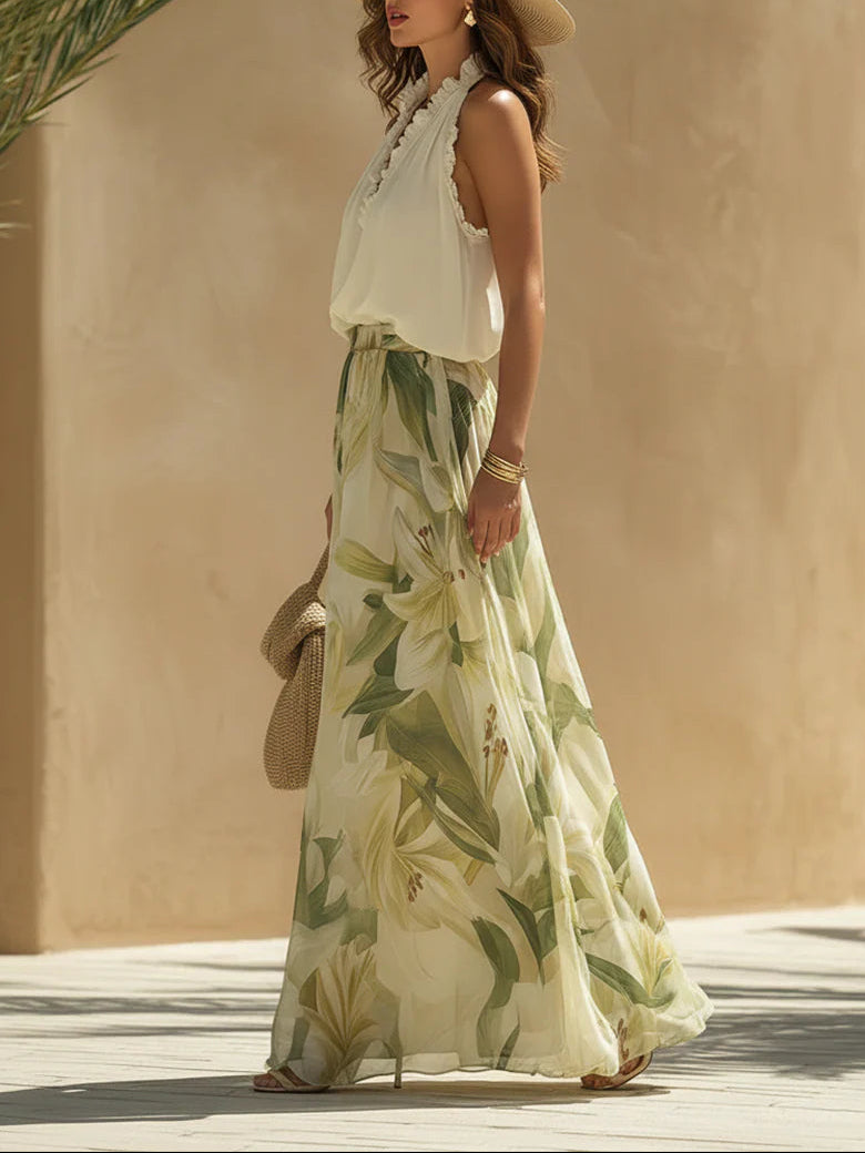 Camille | Chiffon Ruffled Sleeveless Top &amp; Lily-Print Pants Set
