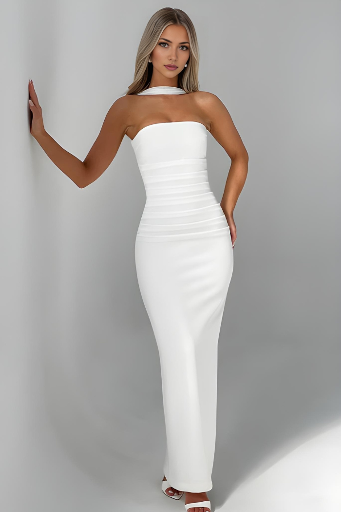 Deborah - Strapless Bandage Maxi Dress with Chiffon Halter Drape