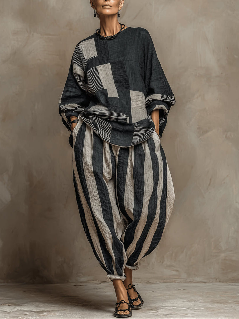 Imani | Long-Sleeve Color-Block Top &amp; Elastic-Waist Pants Set