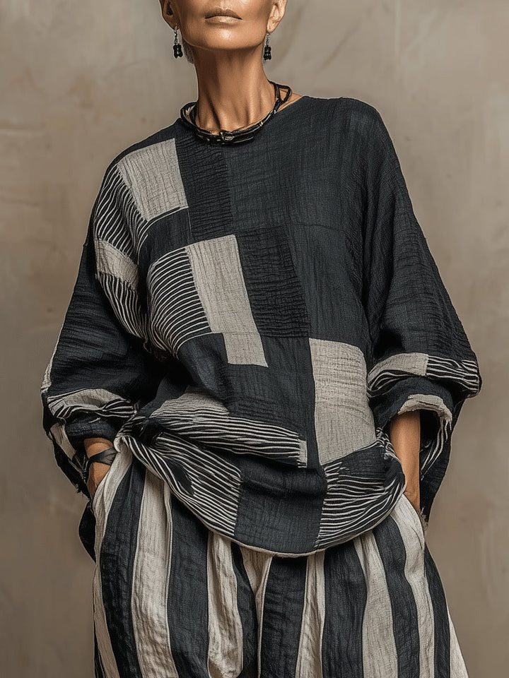 Imani | Long-Sleeve Color-Block Top &amp; Elastic-Waist Pants Set