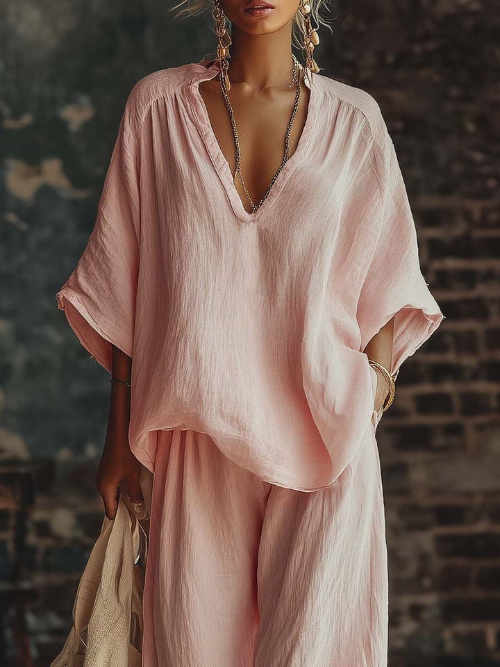 Harper | Blended Fabric V-Neck Shirt &amp; Trousers Set