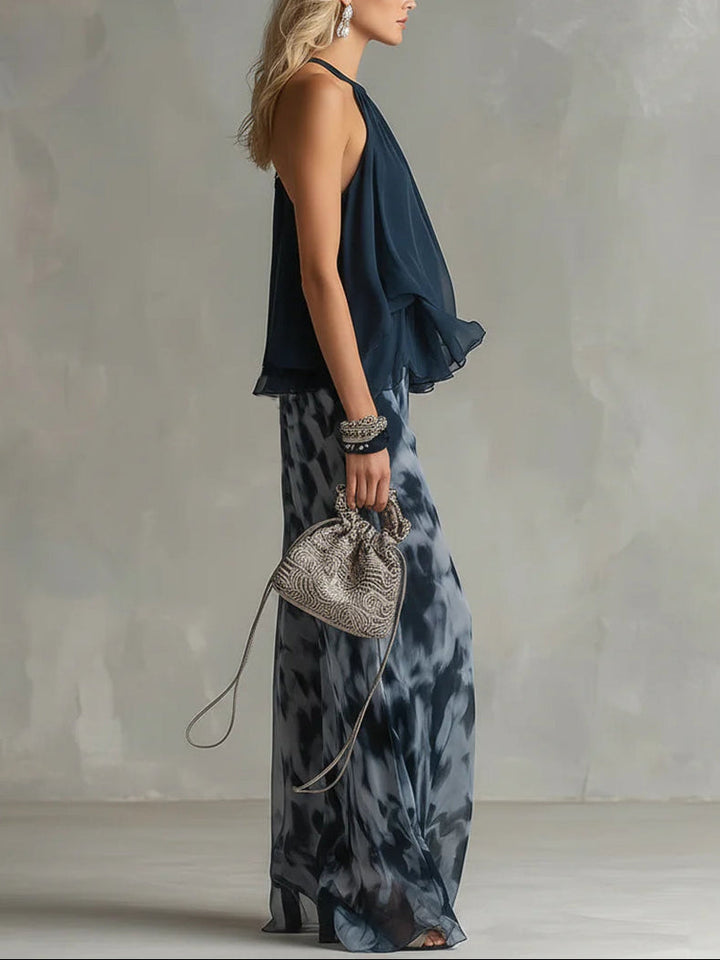 Imani | Chiffon Halter Top &amp; Printed Wide-Leg Pants Set