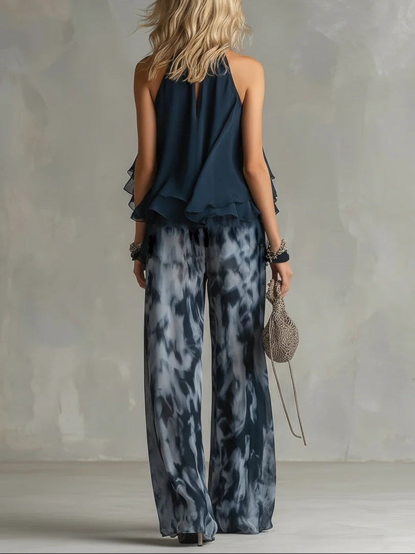 Imani | Chiffon Halter Top &amp; Printed Wide-Leg Pants Set