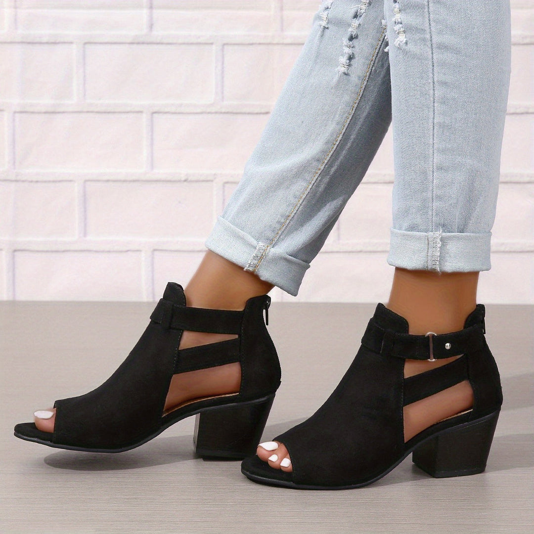 Isabel - Women’s Heeled Sandals – Open Toe – Block Heel – Cutout Ankle Boot Style