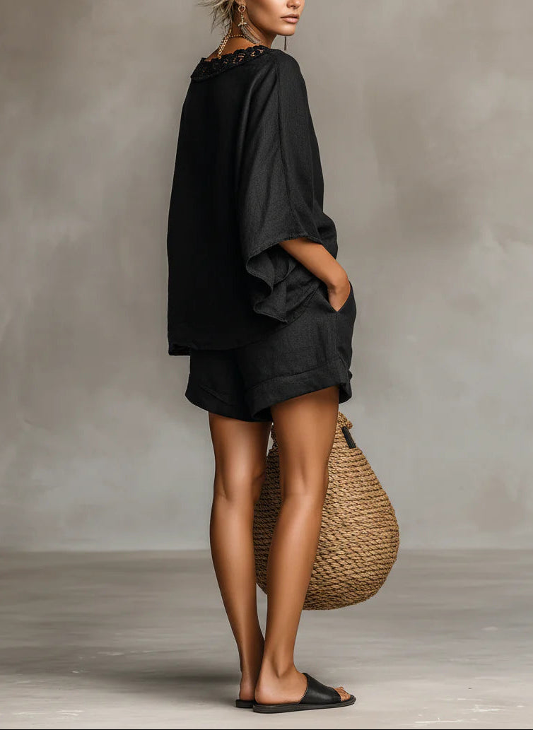 Harper | Lace Boat Neck Blouse &amp; Shorts Set