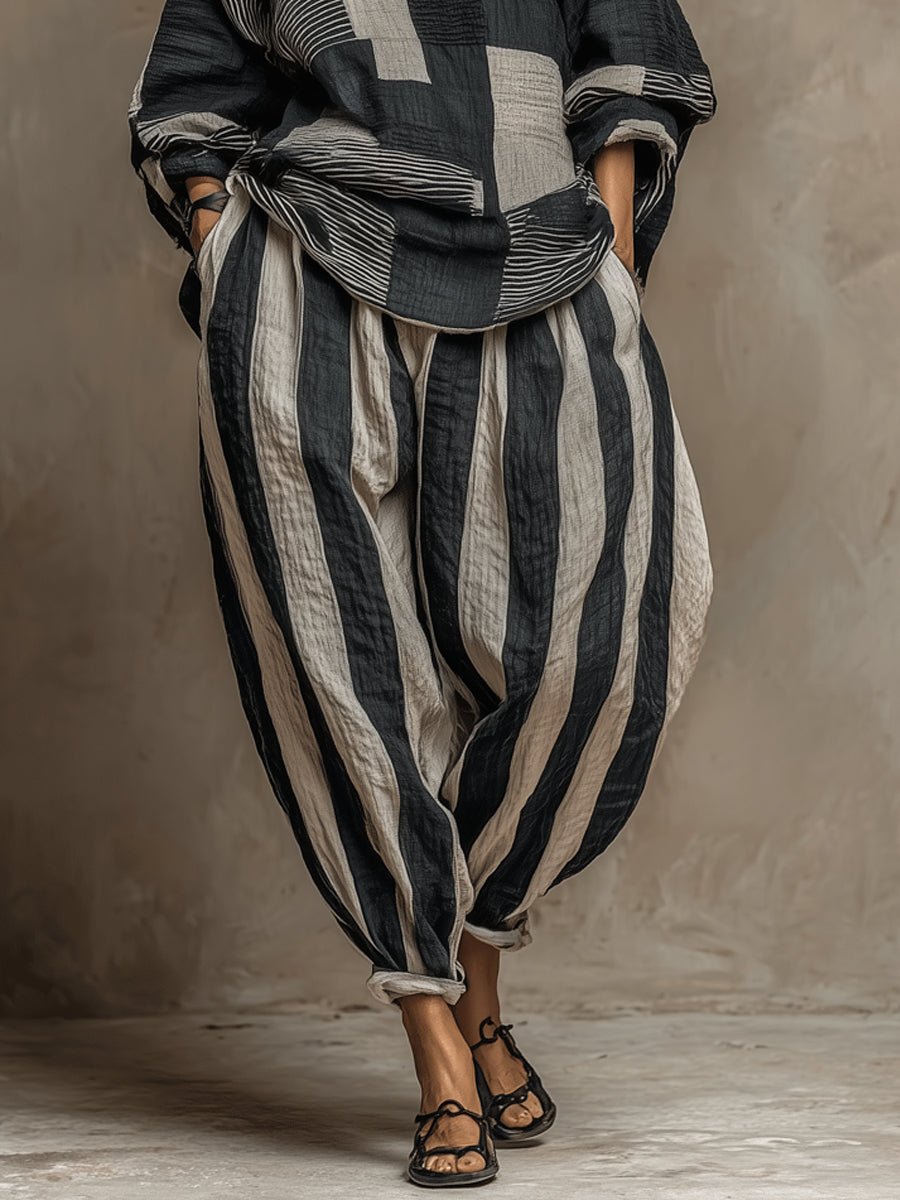 Imani | Long-Sleeve Color-Block Top &amp; Elastic-Waist Pants Set