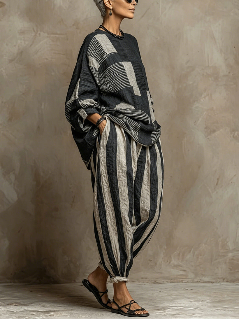 Imani | Long-Sleeve Color-Block Top &amp; Elastic-Waist Pants Set