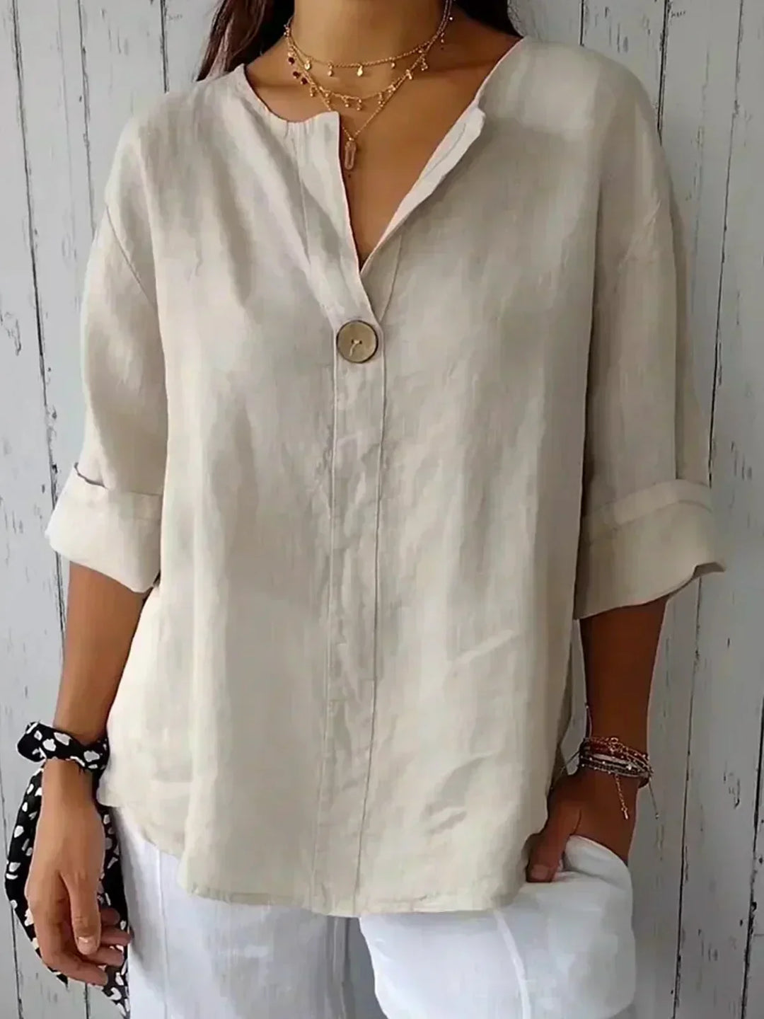 Audrey | Women’s V-Neck Button Front Linen Blouse
