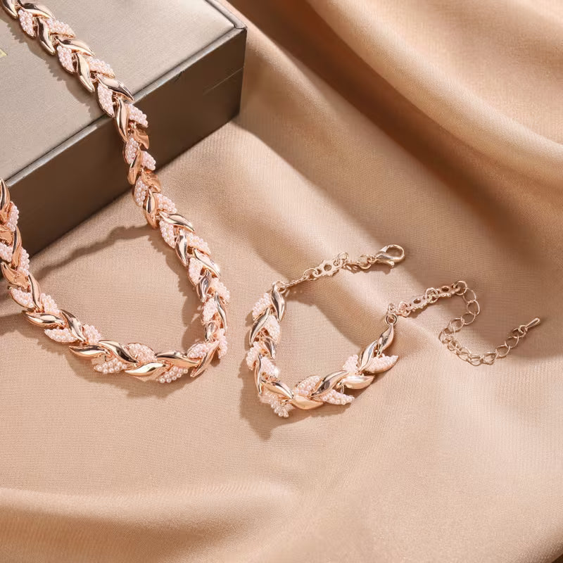 Rose Gold Leaf Chain Necklace &amp; Bracelet Set