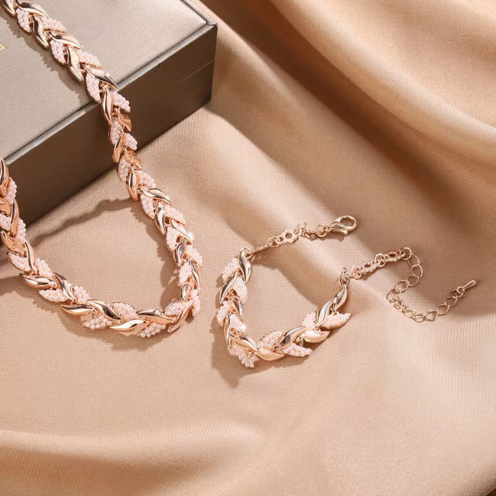 Rose Gold Leaf Chain Necklace &amp; Bracelet Set