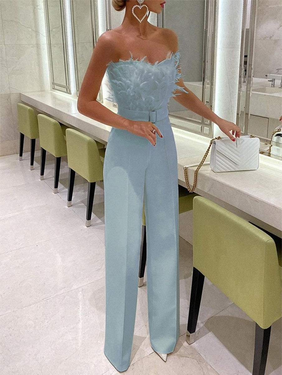 VALENTINA - Strapless Feather-Trimmed Wide-Leg Jumpsuit with Belt Detail
