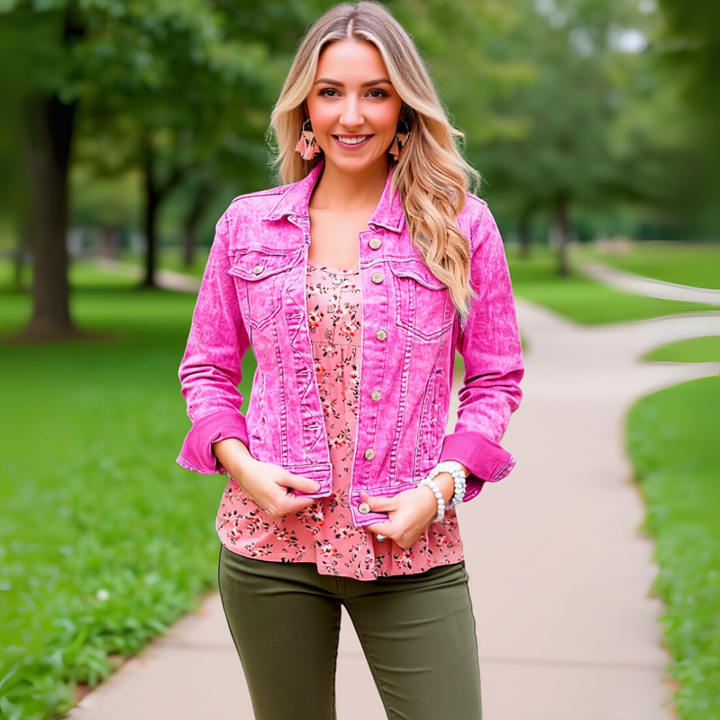 Basic Tailored Stretch Denim Jacket with Button Placket and Long Sleeves