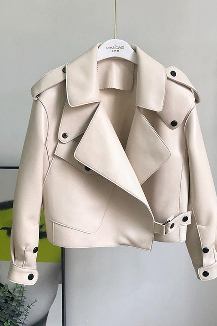 Trench Coat Women - Leather Cropped Trench Coat with Long Sleeves