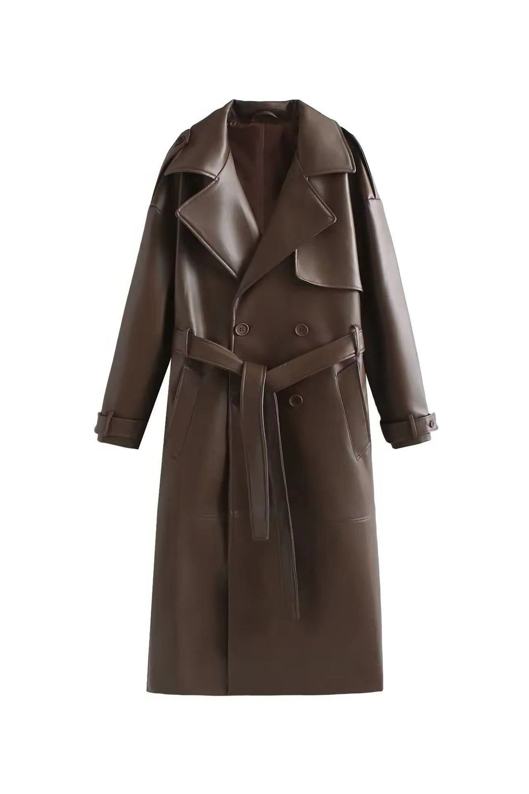 Trench Coat Women - Double-Breasted Belted Trench Coat with Long Sleeves