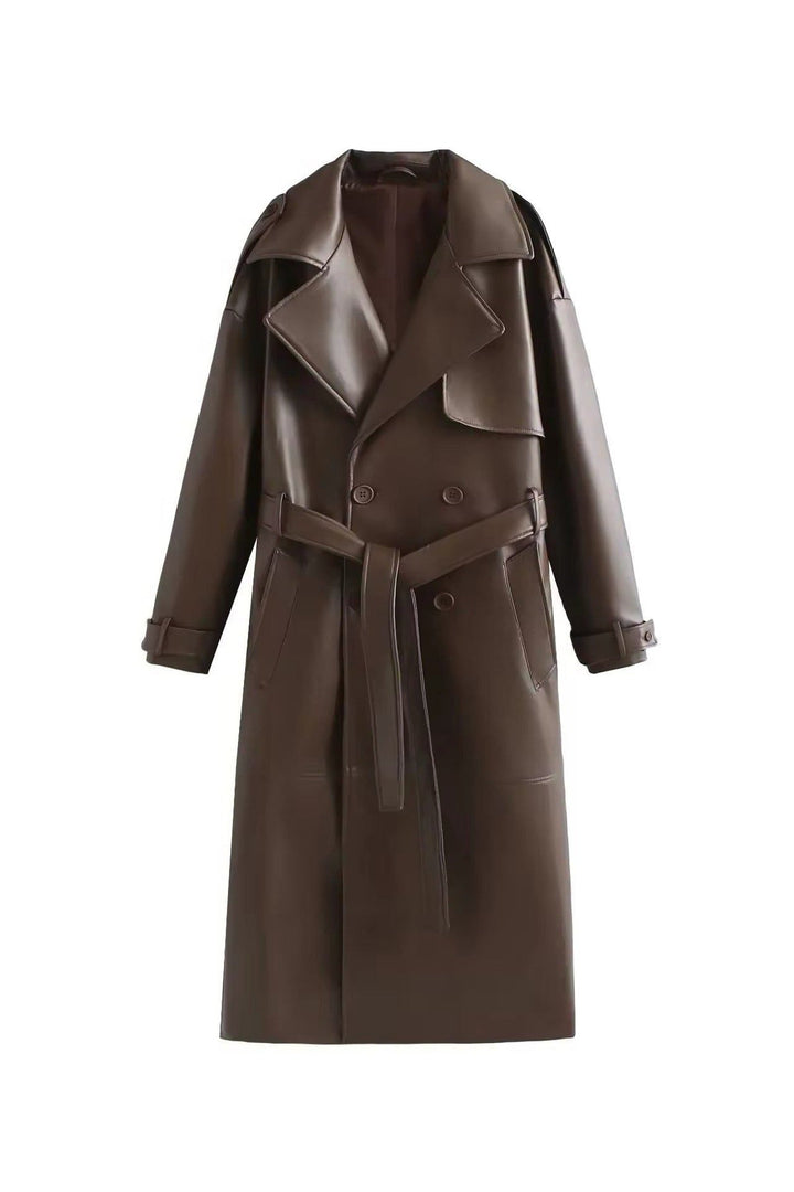 Trench Coat Women - Double-Breasted Belted Trench Coat with Long Sleeves