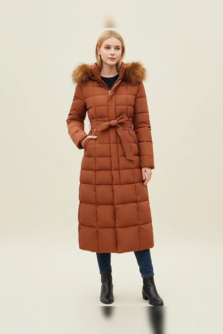 Parka Women - Quilted Parka with Belted Waist and Faux Fur Hood