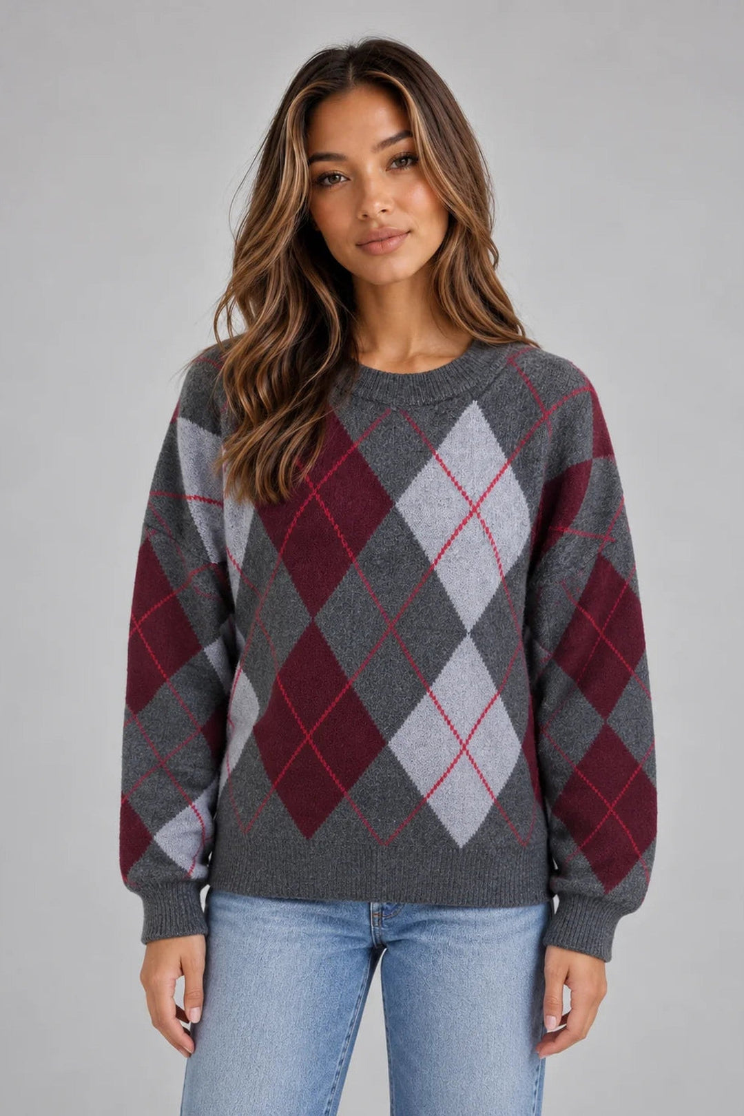 Jumper Women - Argyle Knit Jumper with Crew Neck