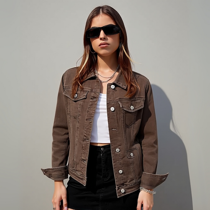 Basic Tailored Stretch Denim Jacket with Button Placket and Long Sleeves