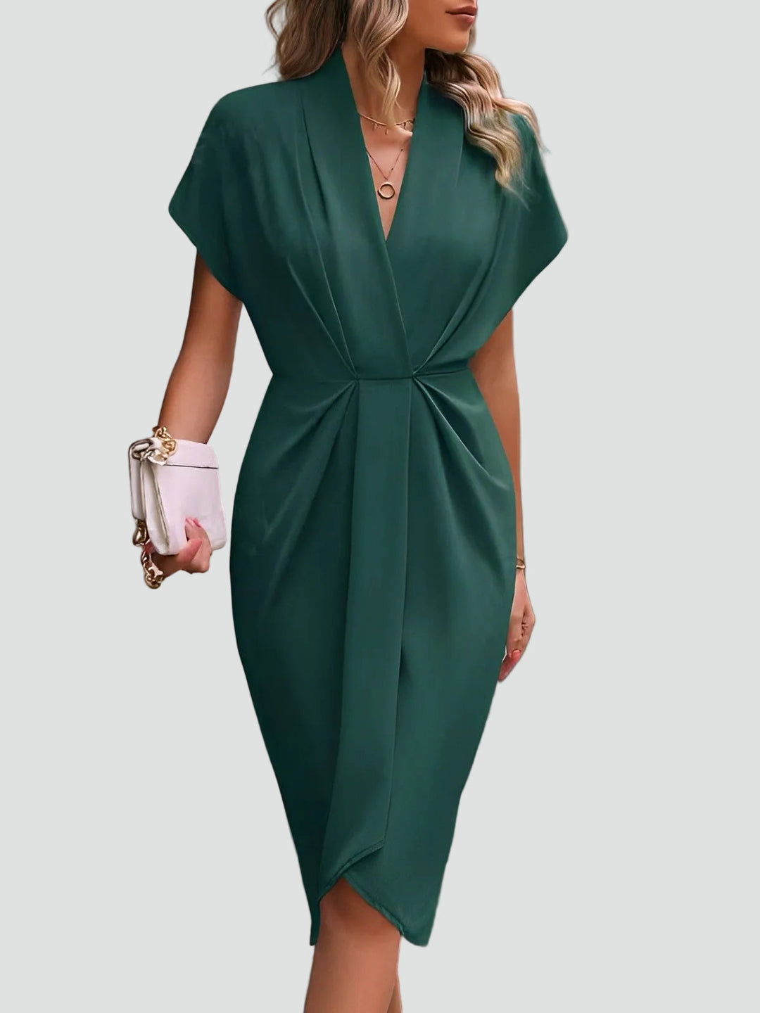 Midi Wrap Dress for Women with V-Neck and Pleats, Elegant and Feminine for Cocktail and Dinner - Luciana Mazzini