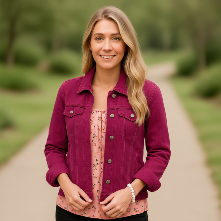 Basic Tailored Stretch Denim Jacket with Button Placket and Long Sleeves