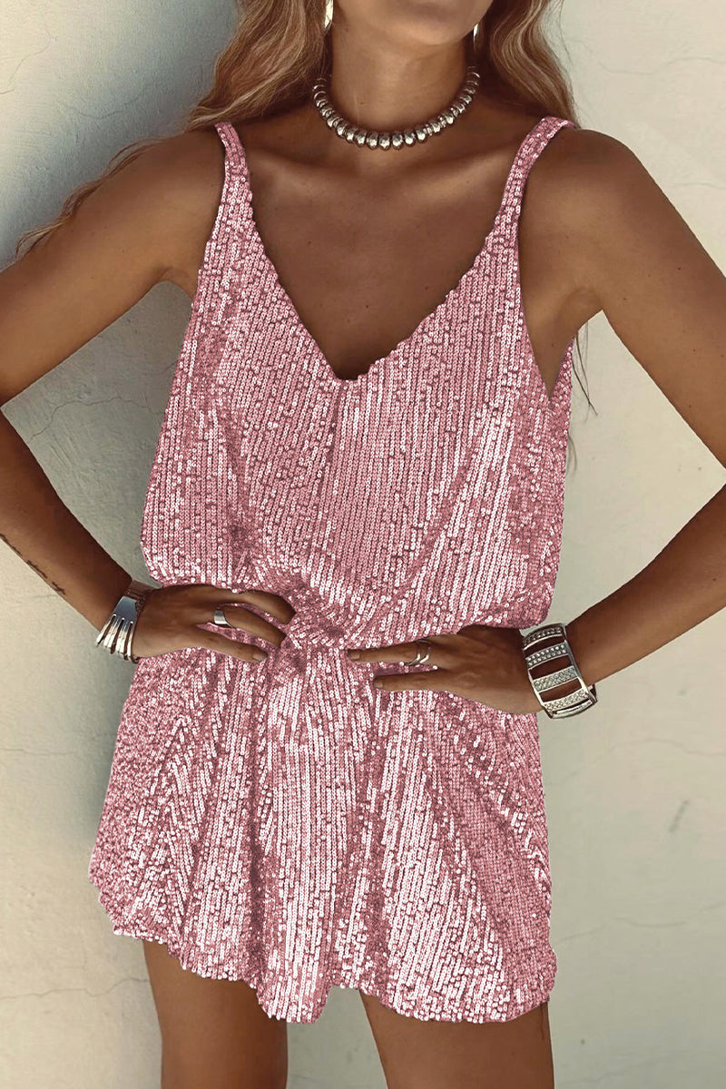 Shiny Short Dress with V-Neck Unisex