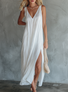 Simple And Stylish V-Neck Sleeveless Striped Print Slit Chiffon Midi Dress
