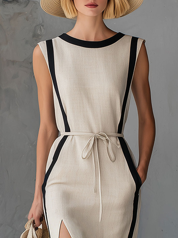 Fashionable Retro Black-trimmed Off-white Sleeveless Round Neck Midi Dress