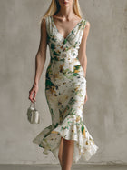 Fashionable Retro Green Printed White Sleeveless V-neck Ruffled Chiffon Midi Dress