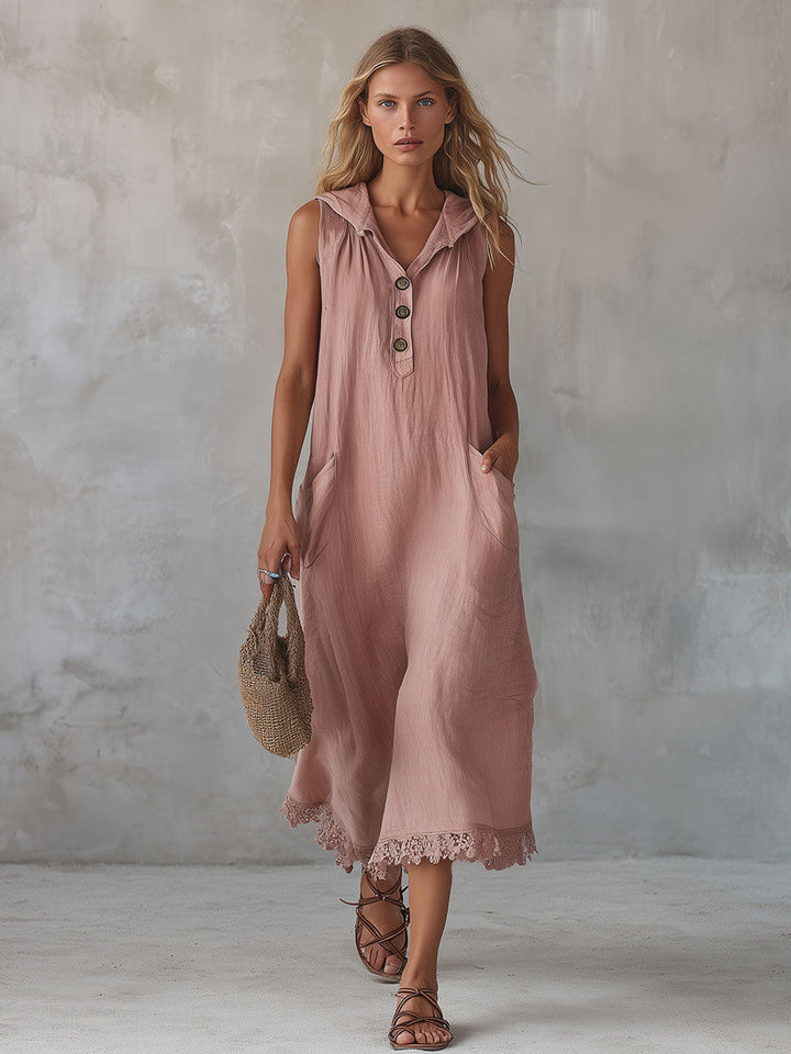 Casual Retro Lace-trimmed Pink Hooded Button-down Cotton And Linen Midi Dress