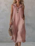 Casual Retro Lace-trimmed Pink Hooded Button-down Cotton And Linen Midi Dress