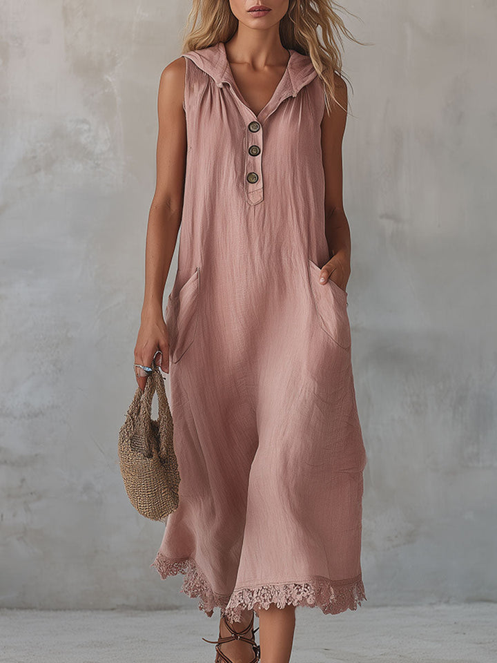 Casual Retro Lace-trimmed Pink Hooded Button-down Cotton And Linen Midi Dress