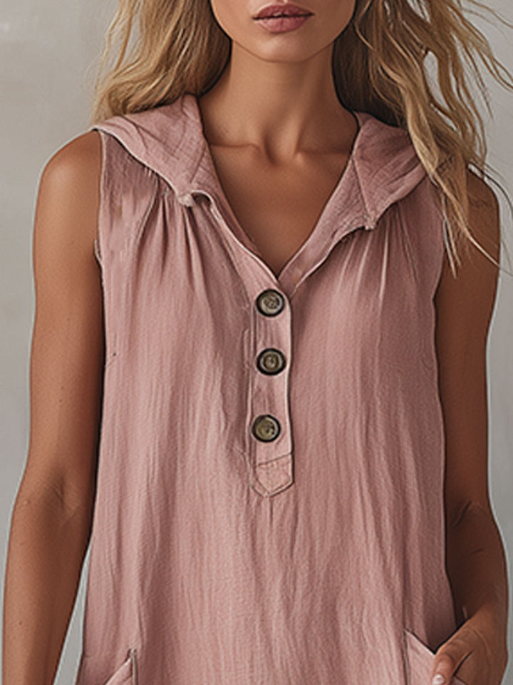 Casual Retro Lace-trimmed Pink Hooded Button-down Cotton And Linen Midi Dress
