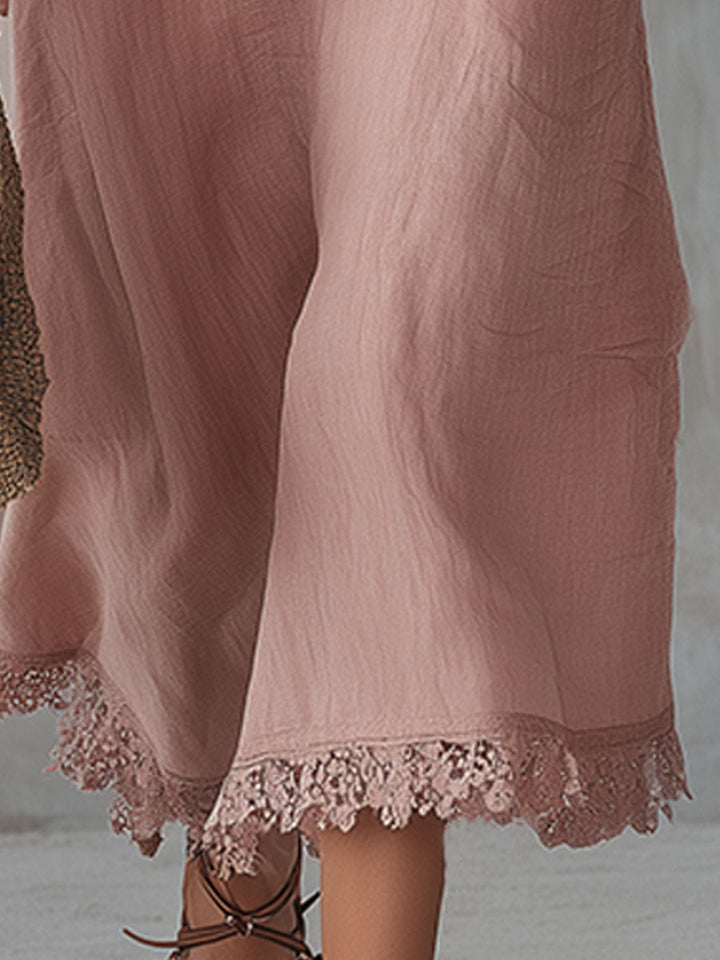 Casual Retro Lace-trimmed Pink Hooded Button-down Cotton And Linen Midi Dress