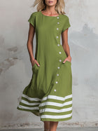 Casual Retro Color-blocked Striped Green Round Neck Short-sleeved Cotton Linen Midi Dress
