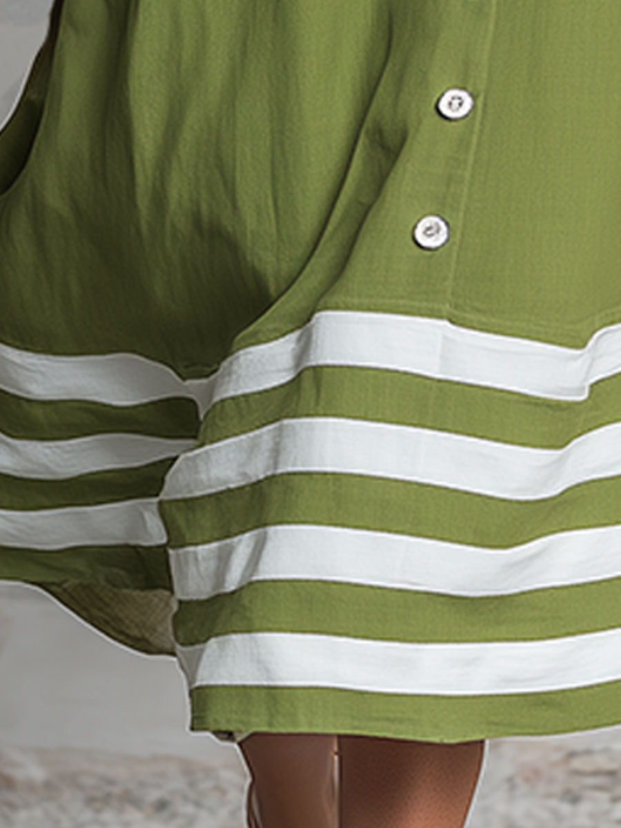 Casual Retro Color-blocked Striped Green Round Neck Short-sleeved Cotton Linen Midi Dress