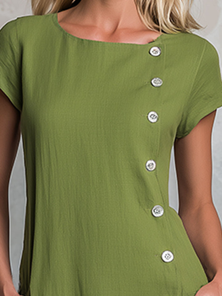 Casual Retro Color-blocked Striped Green Round Neck Short-sleeved Cotton Linen Midi Dress