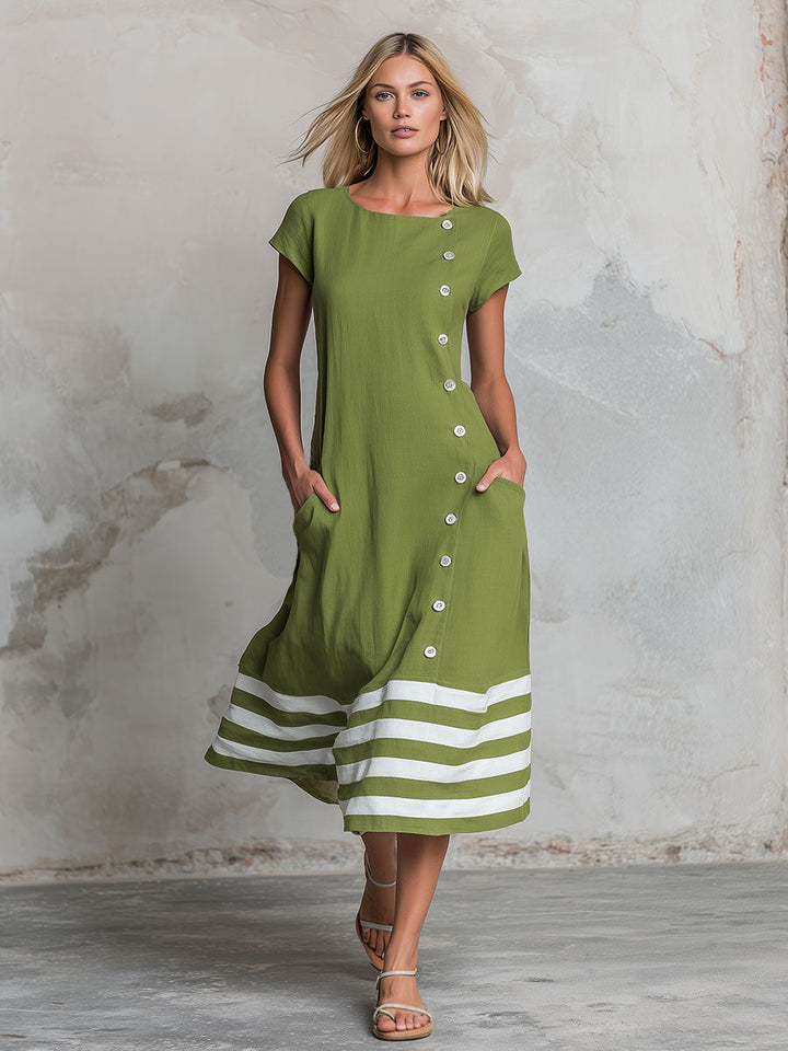 Casual Retro Color-blocked Striped Green Round Neck Short-sleeved Cotton Linen Midi Dress