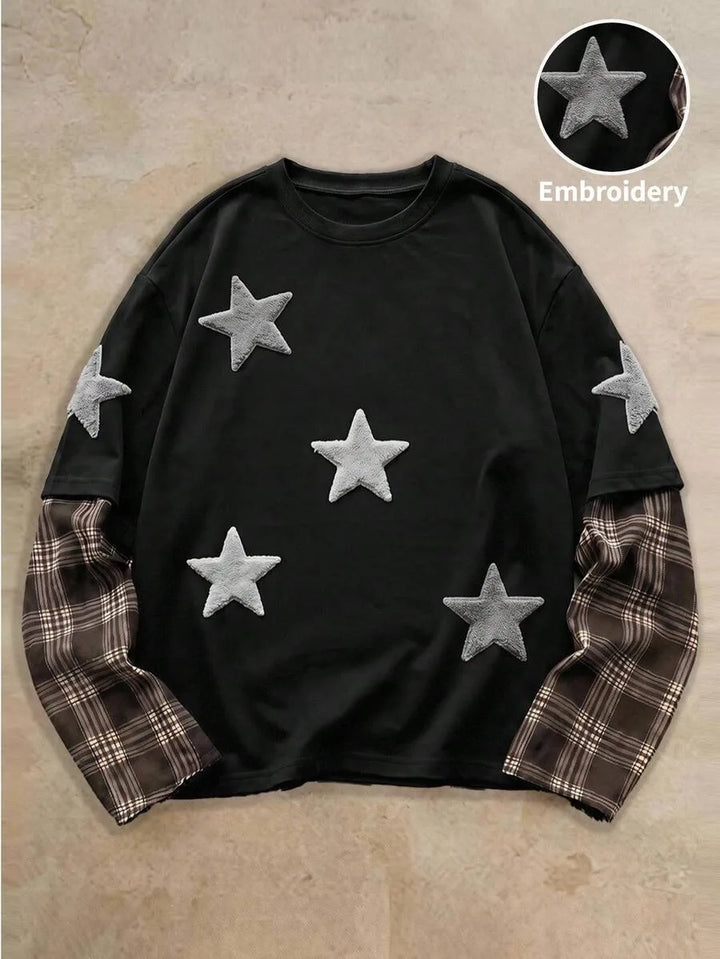T-shirt with plaid patchwork sleeves