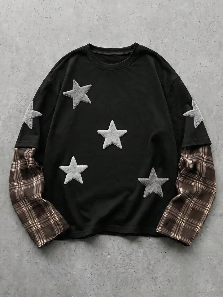 T-shirt with plaid patchwork sleeves