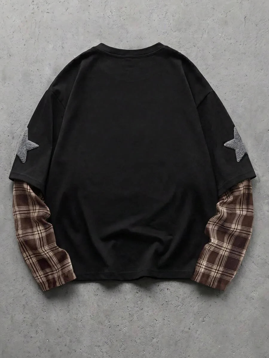 T-shirt with plaid patchwork sleeves